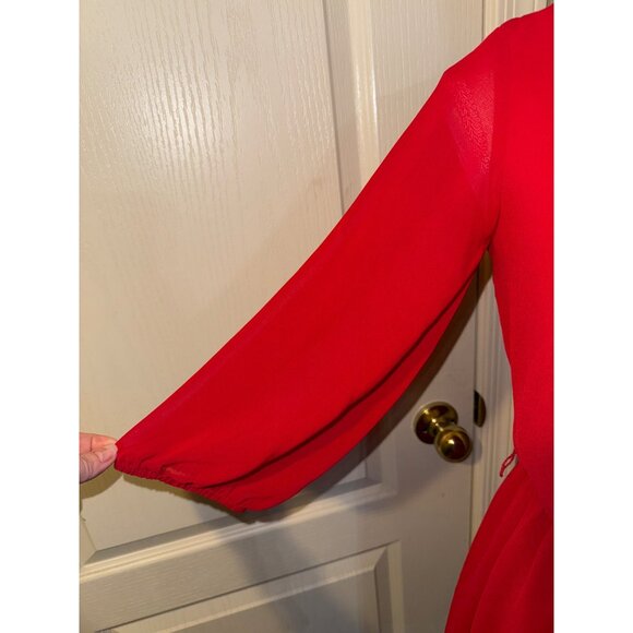 Women's Midi Dress Red Lace Lined Size M Chiffon‎ 3/4 Sleeve Stretch Pullover - Picture 3 of 6